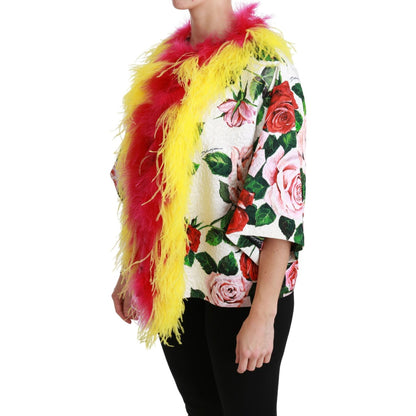 Dolce & Gabbana White Floral Coat Capte Fur Roses Jacket