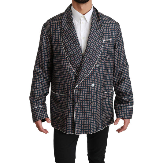 Dolce & Gabbana Elegant Navy Silk Double Breasted Coat Coats & Jackets Dolce & Gabbana Dark Slate Gray