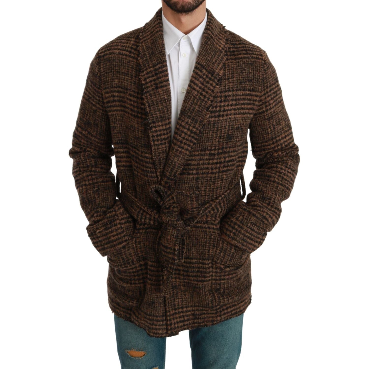 Dolce & Gabbana Brown Checkered Wool Robe Coat  Wrap Jacket