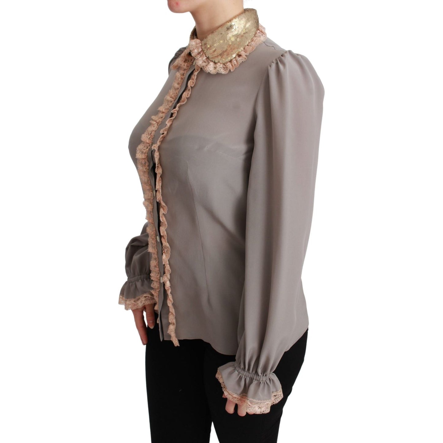 Dolce & Gabbana Gray Silk Gold Sequin Lace Blouse Shirt TSH4664-44