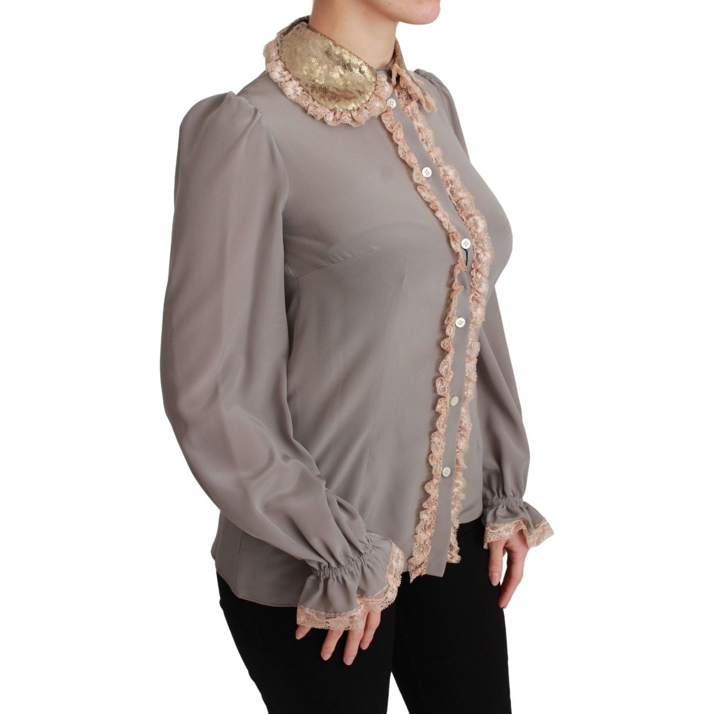 Dolce & Gabbana Gray Silk Gold Sequin Lace Blouse Shirt TSH4664-44
