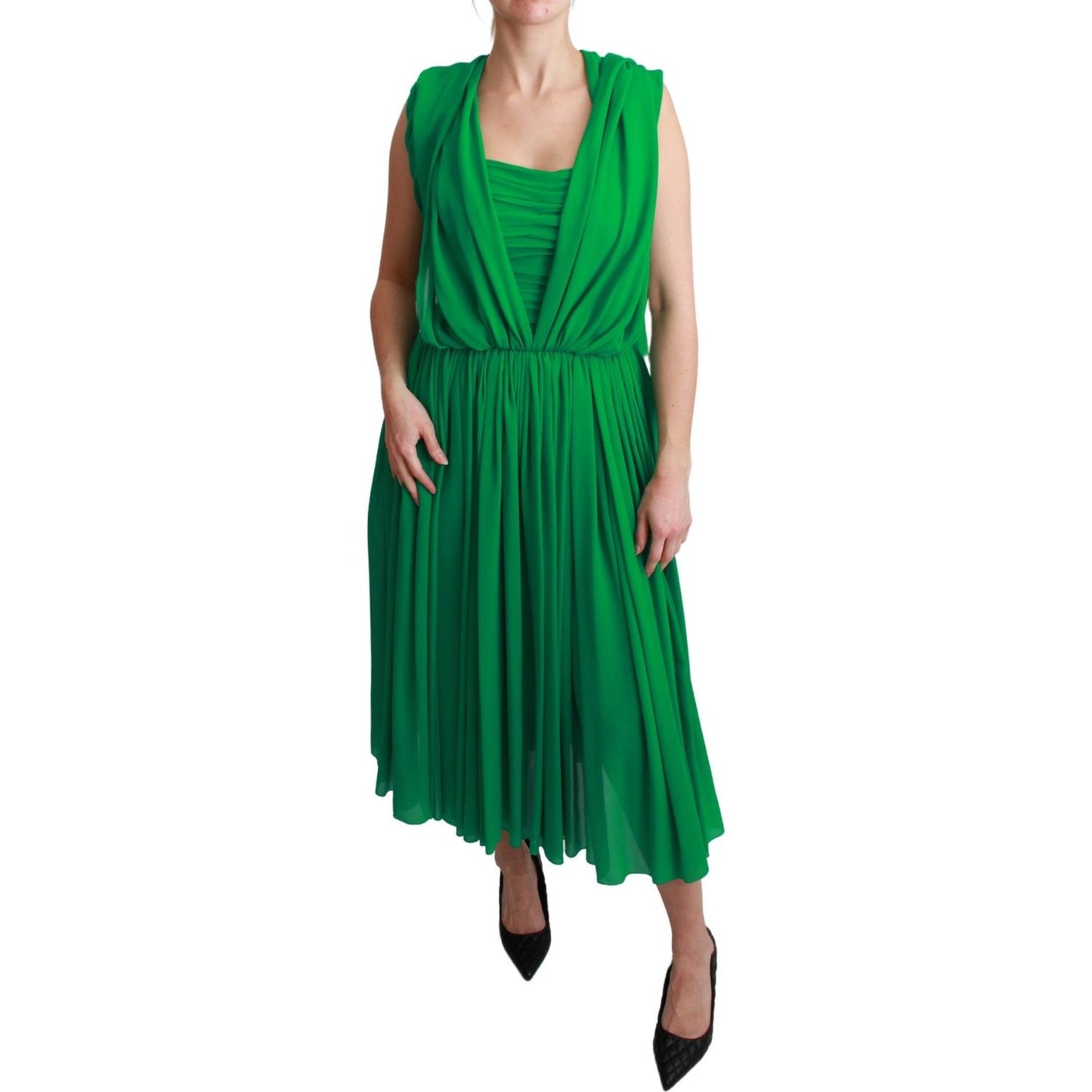 Dolce & Gabbana 100% Silk Green Sleeveless Pleated Maxi Dress