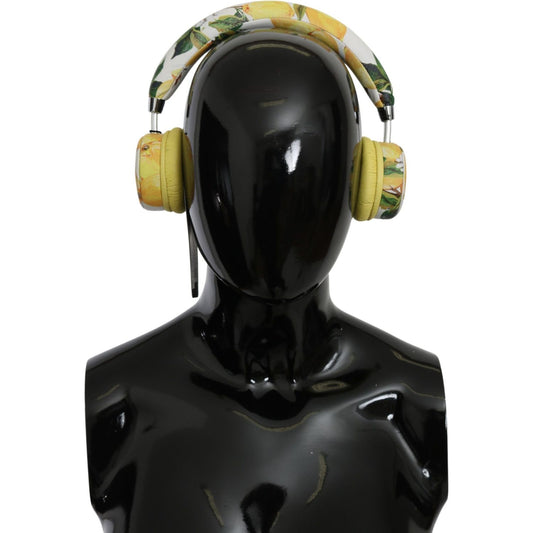Dolce & Gabbana Chic White Leather Headphones with Yellow Print Dolce & Gabbana Black