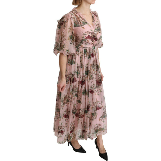 Dolce & Gabbana Elegant Pink Bengal Cat Print A-Line Maxi Dress Dolce & Gabbana Rosy Brown