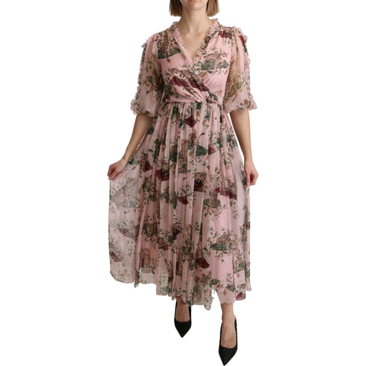 Dolce & Gabbana Elegant Pink Bengal Cat Print A-Line Maxi Dress Dolce & Gabbana Rosy Brown