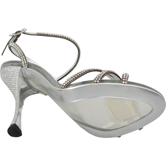 Dolce & Gabbana Silver Leather Ankle Strap Sandals with Crystals Dolce & Gabbana Dark Gray