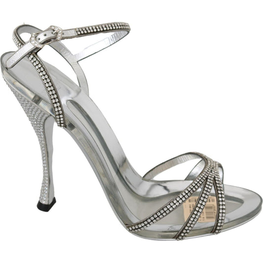 Dolce & Gabbana Silver Leather Ankle Strap Sandals with Crystals Dolce & Gabbana Dark Gray