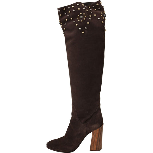 Dolce & Gabbana Studded Suede Knee High Boots in Brown Dolce & Gabbana Black