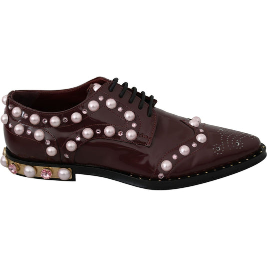 Dolce & Gabbana Elegant Bordeaux Lace-Up Flats with Pearls and Crystals Dolce & Gabbana Black