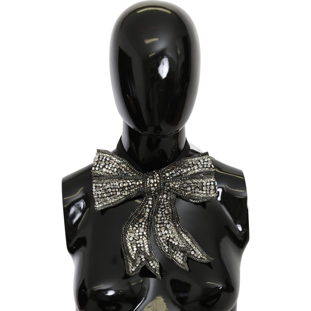 Dolce & Gabbana Silver Crystal Beaded Sequined 100% Silk Catwalk Necklace Bowtie Necklace