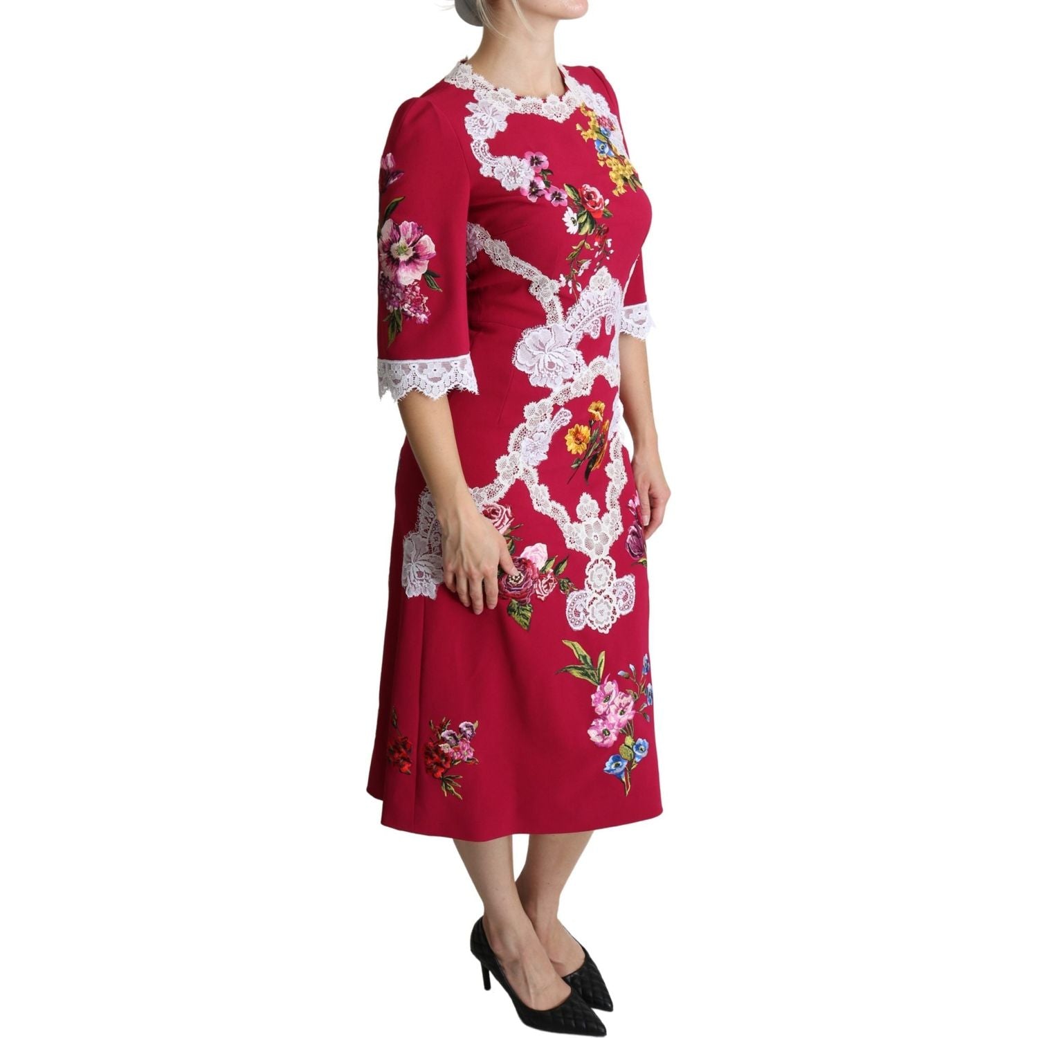 Dolce & Gabbana Red Floral Embroidered Sheath Midi Dress