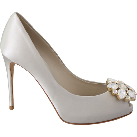 Dolce & Gabbana White Crystal Peep Toe Silk Blend Heels Dolce & Gabbana Gray