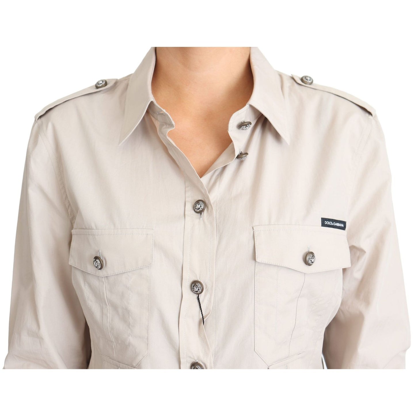 Dolce & Gabbana Beige Poplin Safari Fitted Pocket Shirt Top