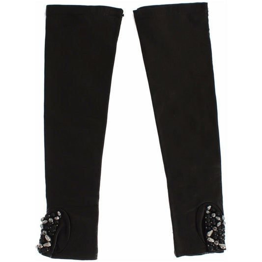 Dolce & Gabbana Elegant Crystal Beaded Leather Gloves Dolce & Gabbana Black