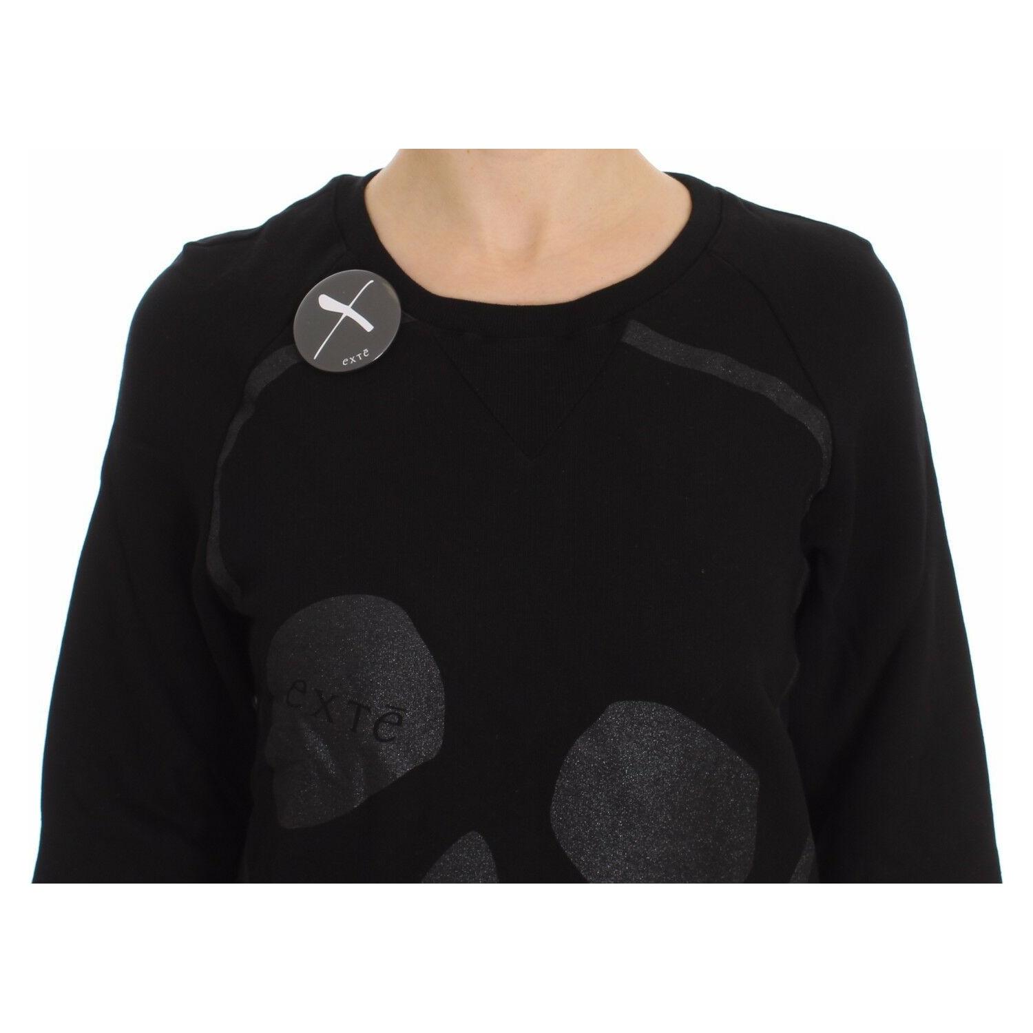 Exte Black Cotton Motive Print Crewneck Pullover Sweater