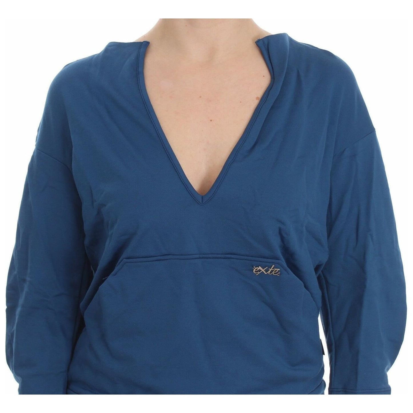 Exte Blue Cotton Top Pullover Deep V-neck Women Sweater