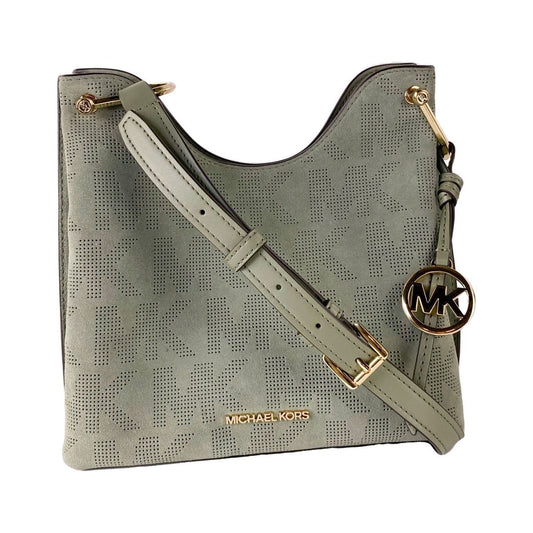 Michael Kors Joan Large Perforated Suede Leather Slouchy Messenger Handbag (Army Green) Messenger Bag Michael Kors Slate Gray