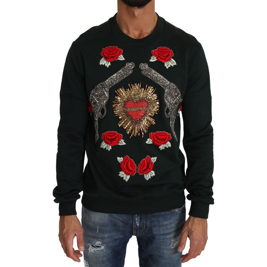 Dolce & Gabbana Emerald Cotton Sweater with Crystal Embroidery Dolce & Gabbana Black