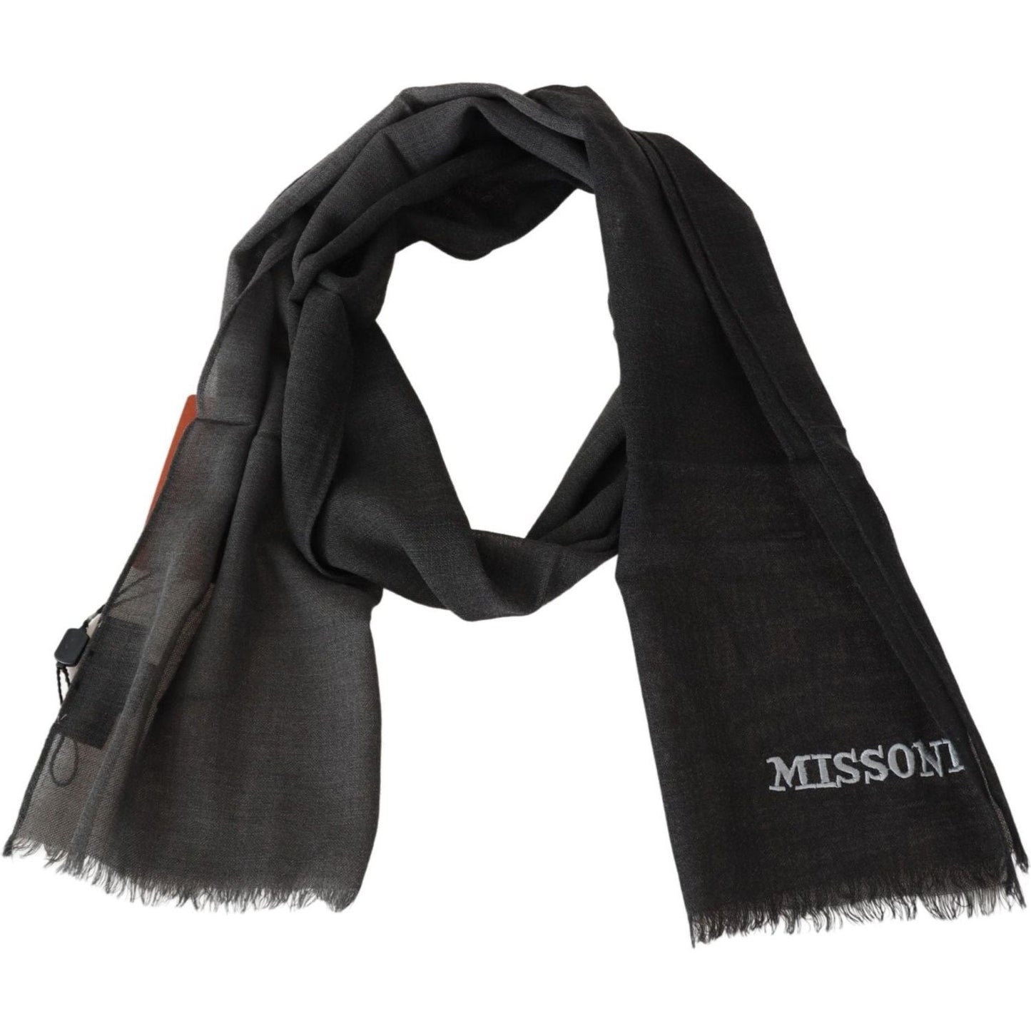Missoni Black Wool Unisex Neck Wrap Shawl Fringes Logo Scarf