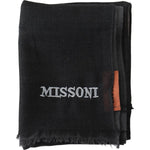 Missoni Black Wool Unisex Neck Wrap Shawl Fringes Logo Scarf