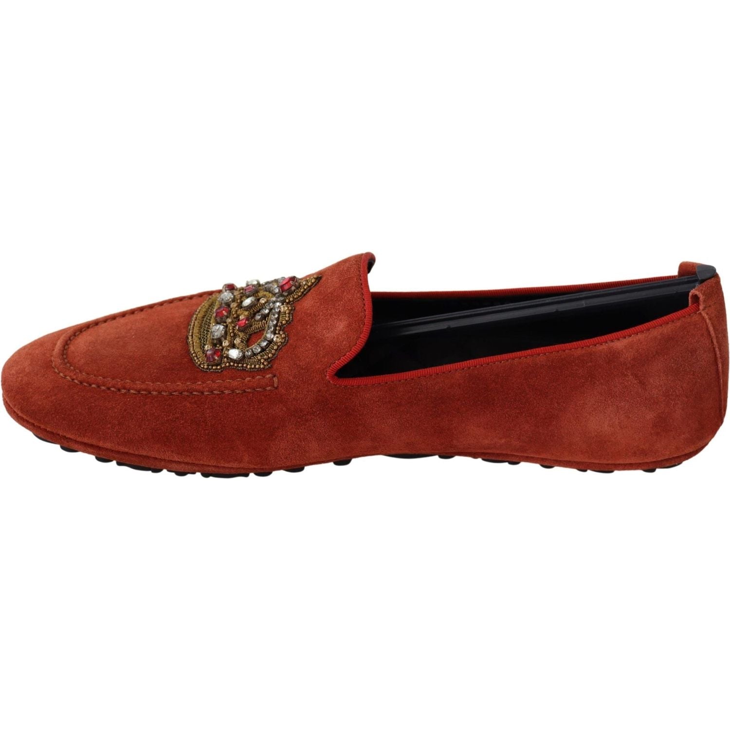 Dolce & Gabbana Orange Leather Crystal Crown  Loafers Shoes