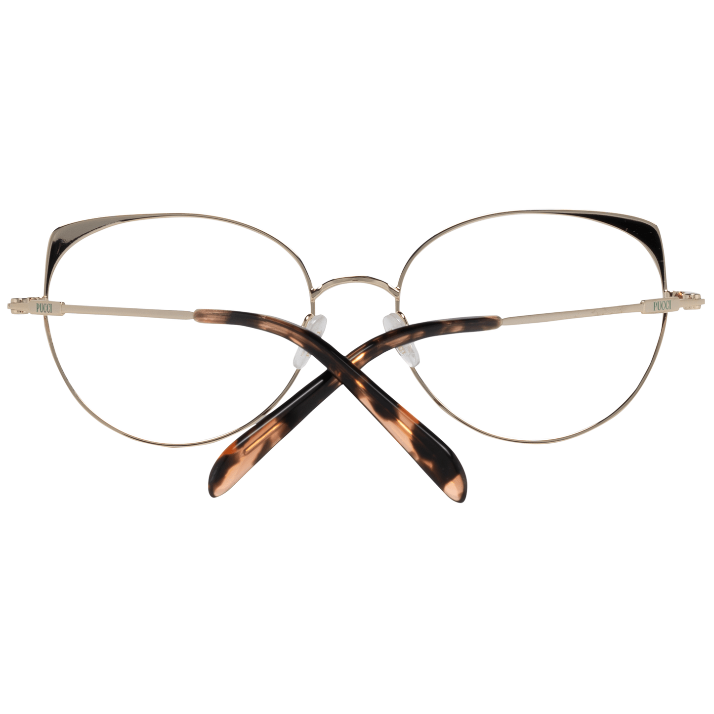 Emilio Pucci Gold Metal Glasses (Frames) for women, full-rim style with tortoiseshell temples, 54mm lens width, 46mm height.
