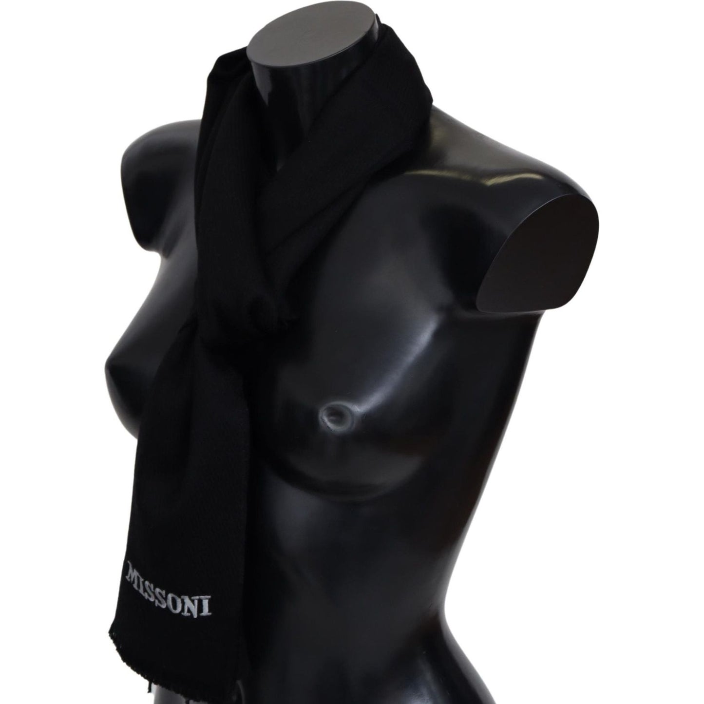 Missoni Black 100% Wool Unisex Neck Wrap Fringes Logo Scarf