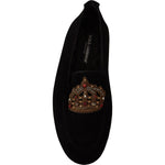 Dolce & Gabbana Black Leather Crystal Gold Crown Loafers Shoes MV3967-39