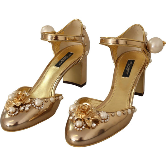 Dolce & Gabbana Elegant Gold Leather Block Heels with Crystals Dolce & Gabbana Sienna