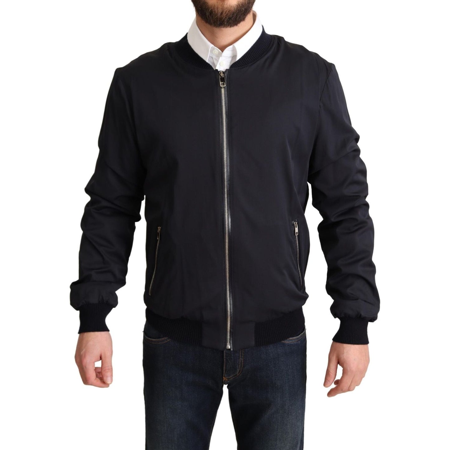 Dolce & Gabbana Blue Silk Coat Short Bomber Men Jacket 1728,5% Sheep,67345645728,Blue,Bombers - Jackets & Coats - Clothing,Clothing,Dolce & Gabbana,IT50 | L,Jackets & Coats - Clothing,Jackets - Men - Clothing,Material: 95% Silk,Men,Men - Clothing,New with