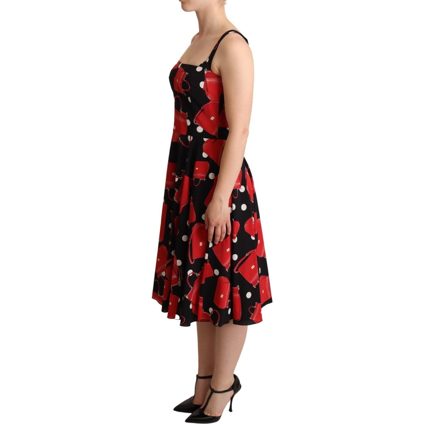 Dolce & Gabbana Black Red Bag Print A-line Mid Length Dress WOMAN DRESSES