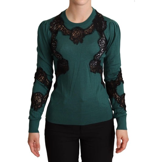 Dolce & Gabbana Elegant Green Pullover with Black Lace Detail Dolce & Gabbana Dark Slate Gray