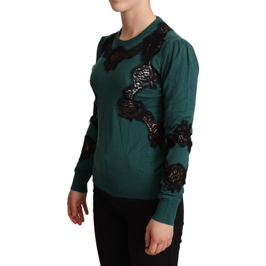 Dolce & Gabbana Elegant Green Pullover with Black Lace Detail Dolce & Gabbana Black