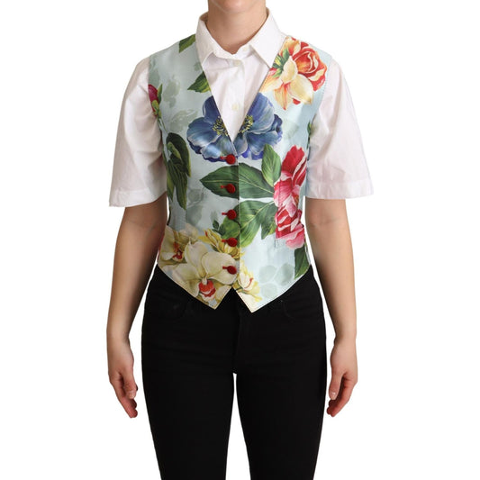 Dolce & Gabbana Elegant Floral Print Silk Waistcoat Dolce & Gabbana Gray