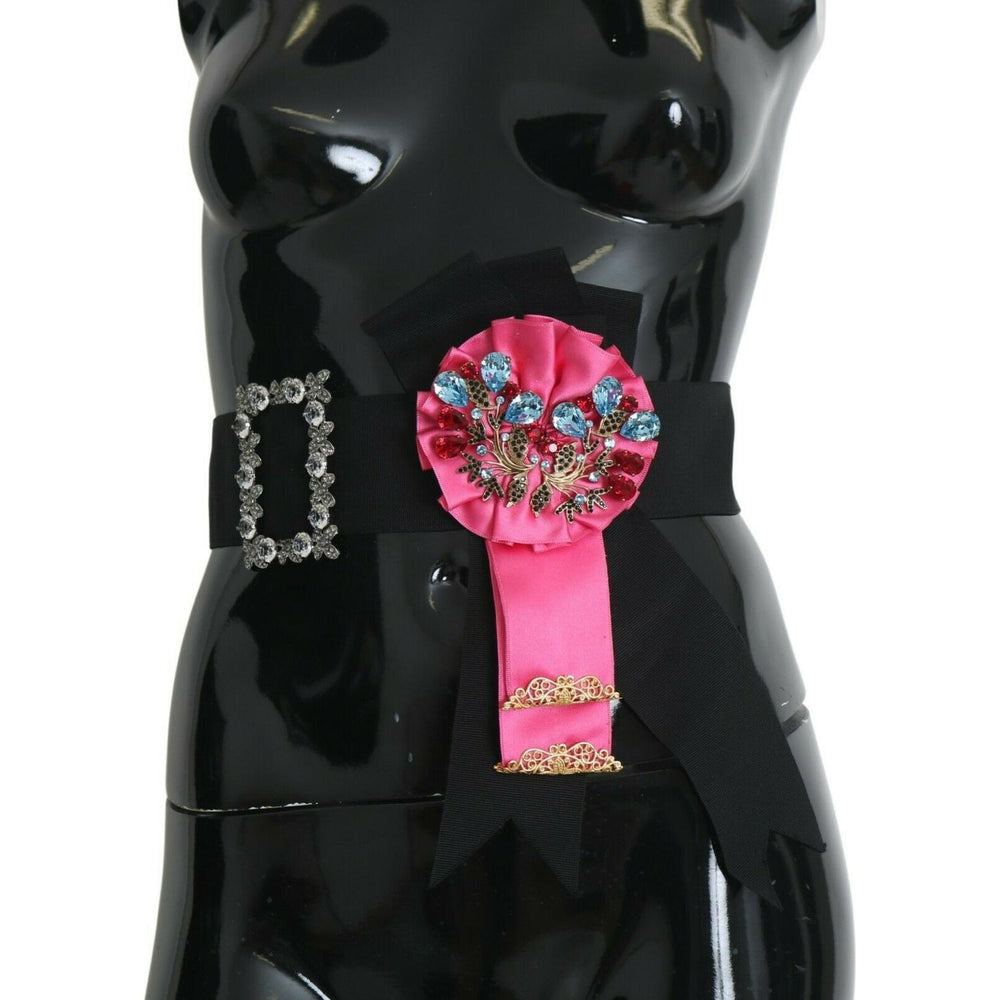 Dolce & Gabbana Black Pink Flower Brooch Crystals Cotton Belt WOMAN BELTS