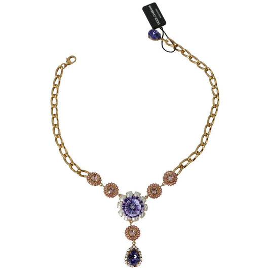 Dolce & Gabbana Elegant Gold Crystal Floral Charm Necklace Necklace Dolce & Gabbana Rosy Brown