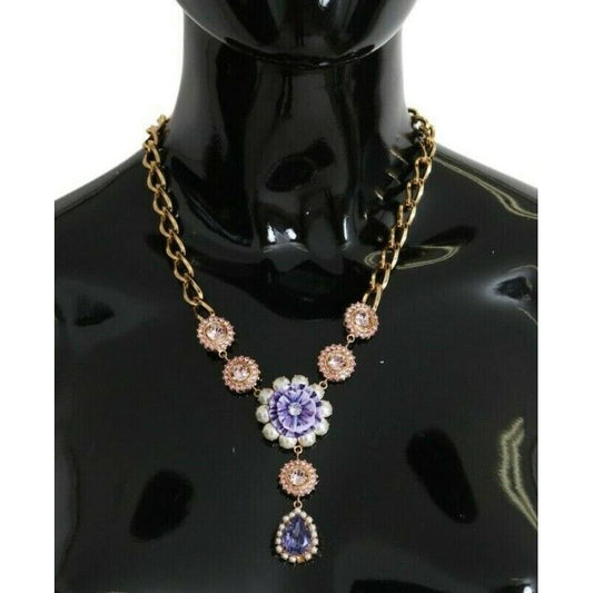 Dolce & Gabbana Elegant Gold Crystal Floral Charm Necklace Necklace Dolce & Gabbana Black