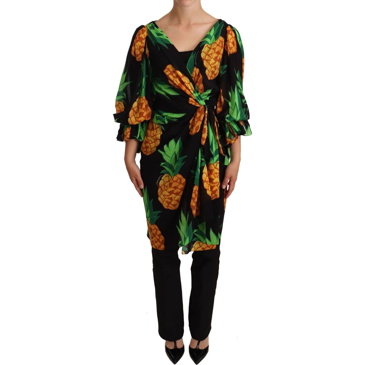 Dolce & Gabbana Black Ananas Print Wrap Stretch Silk Dress WOMAN DRESSES