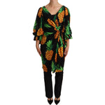 Dolce & Gabbana Black Ananas Print Wrap Stretch Silk Dress WOMAN DRESSES