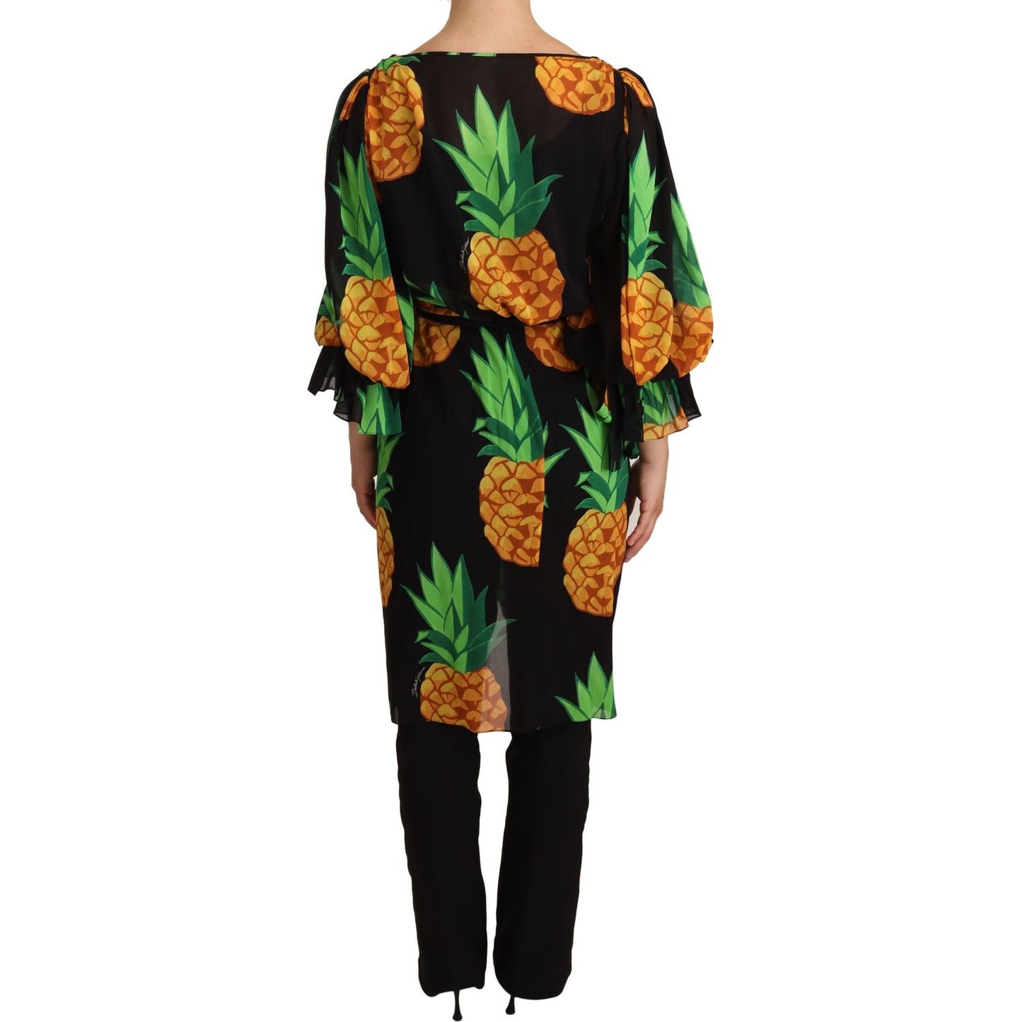 Dolce & Gabbana Black Ananas Print Wrap Stretch Silk Dress WOMAN DRESSES