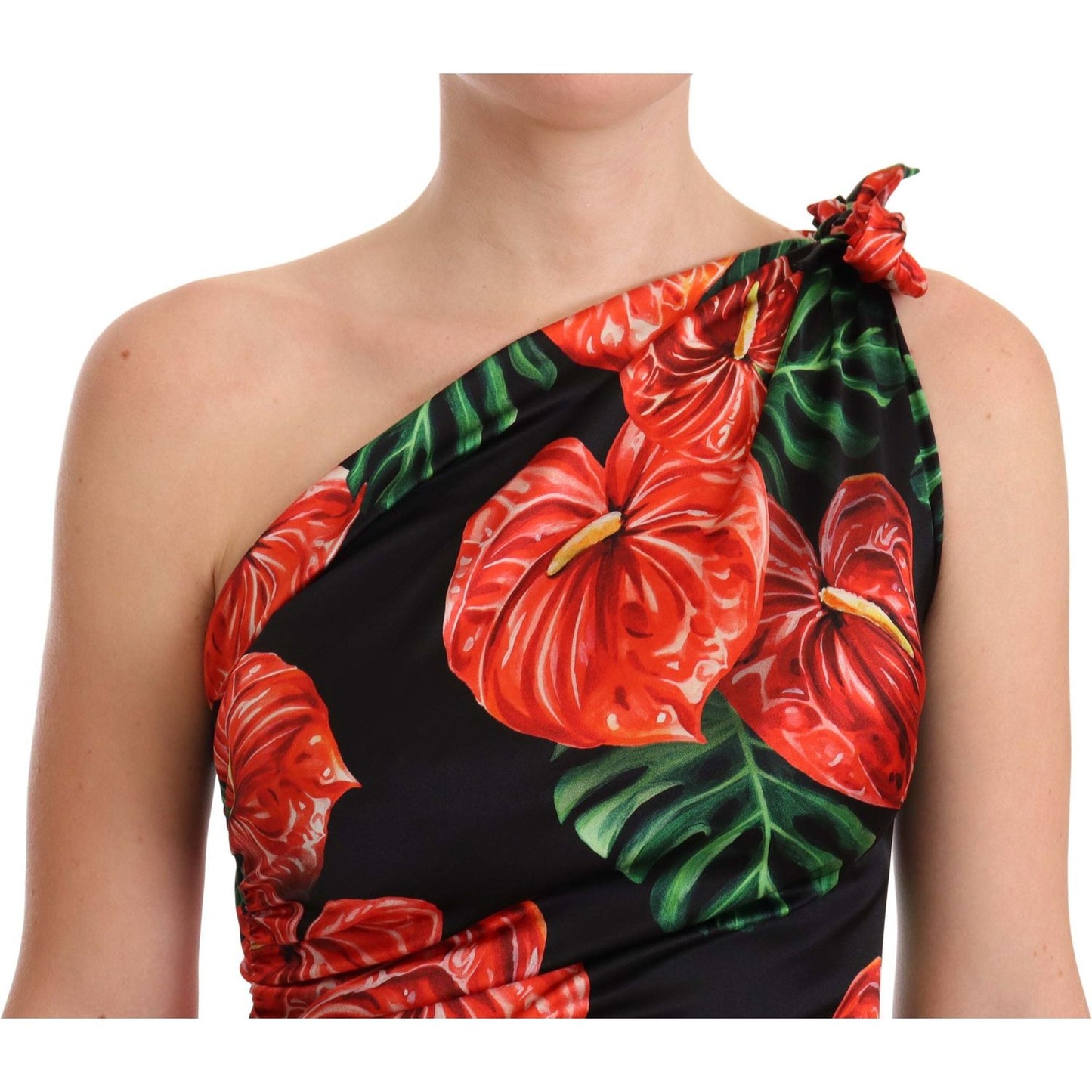 Dolce & Gabbana Black Shiny Silk Floral Print Draped Dress WOMAN DRESSES