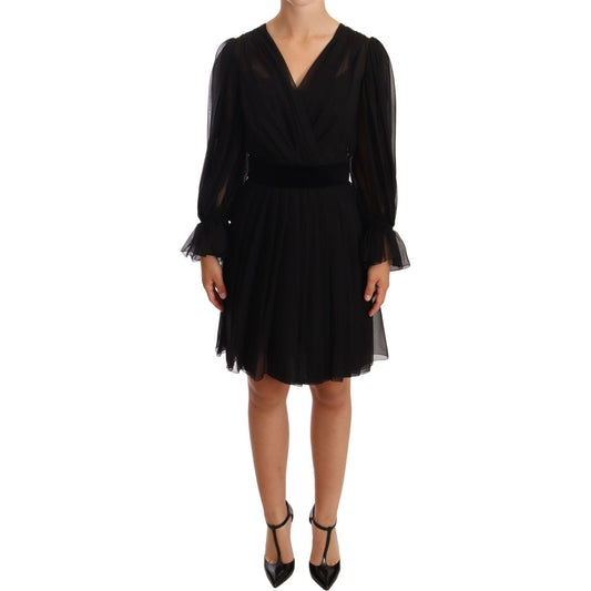 Dolce & Gabbana Black Mesh Pleated Mini Silk Stretch Dress