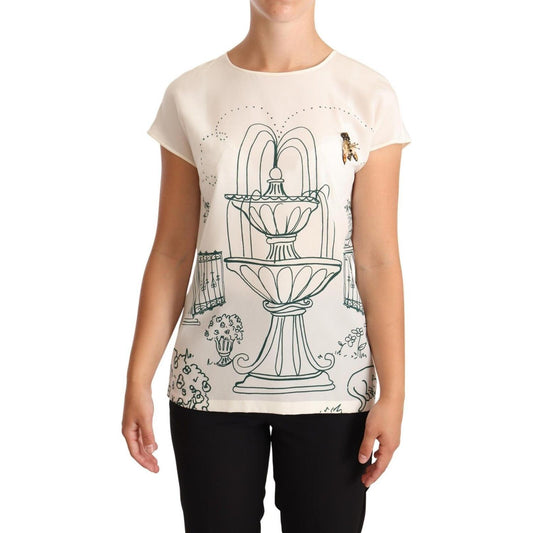 Dolce & Gabbana Elegant Silk Botanical Garden Fountain Tee Blouse Top Dolce & Gabbana Light Gray