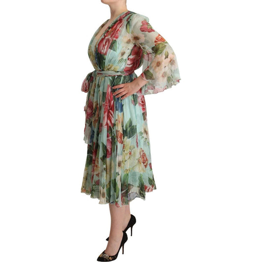 Dolce & Gabbana Elegant Floral Green Midi Silk Dress WOMAN DRESSES Dolce & Gabbana Rosy Brown