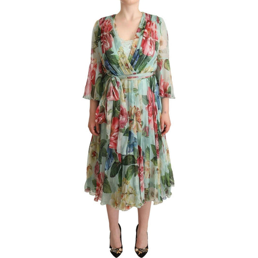 Dolce & Gabbana Elegant Floral Green Midi Silk Dress WOMAN DRESSES Dolce & Gabbana Rosy Brown
