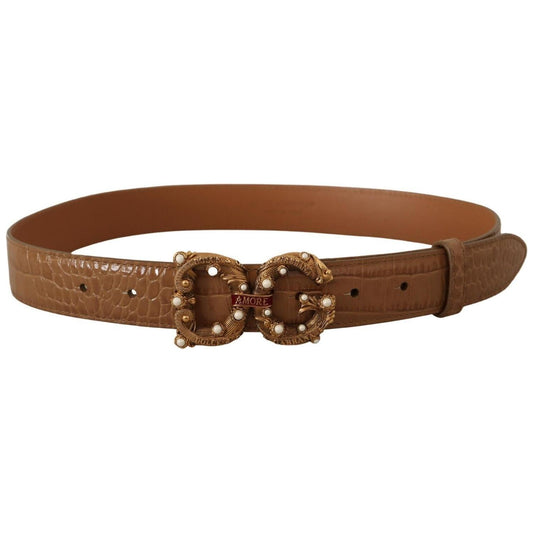 Dolce & Gabbana Elegant Croco Leather Amore Belt with Pearls WOMAN BELTS Dolce & Gabbana Saddle Brown