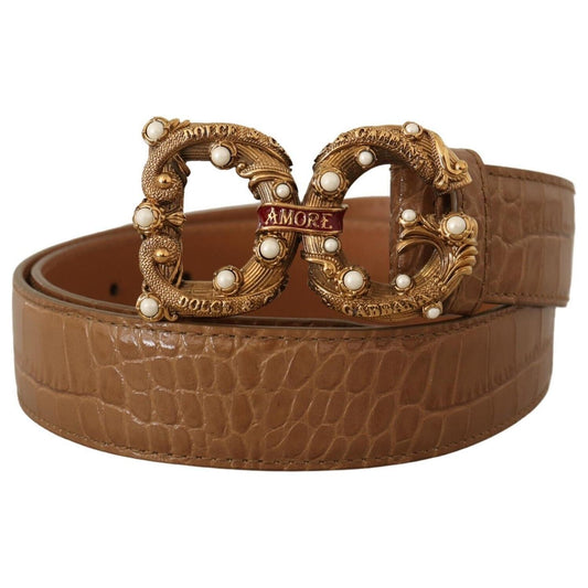 Dolce & Gabbana Elegant Croco Leather Amore Belt with Pearls WOMAN BELTS Dolce & Gabbana Saddle Brown