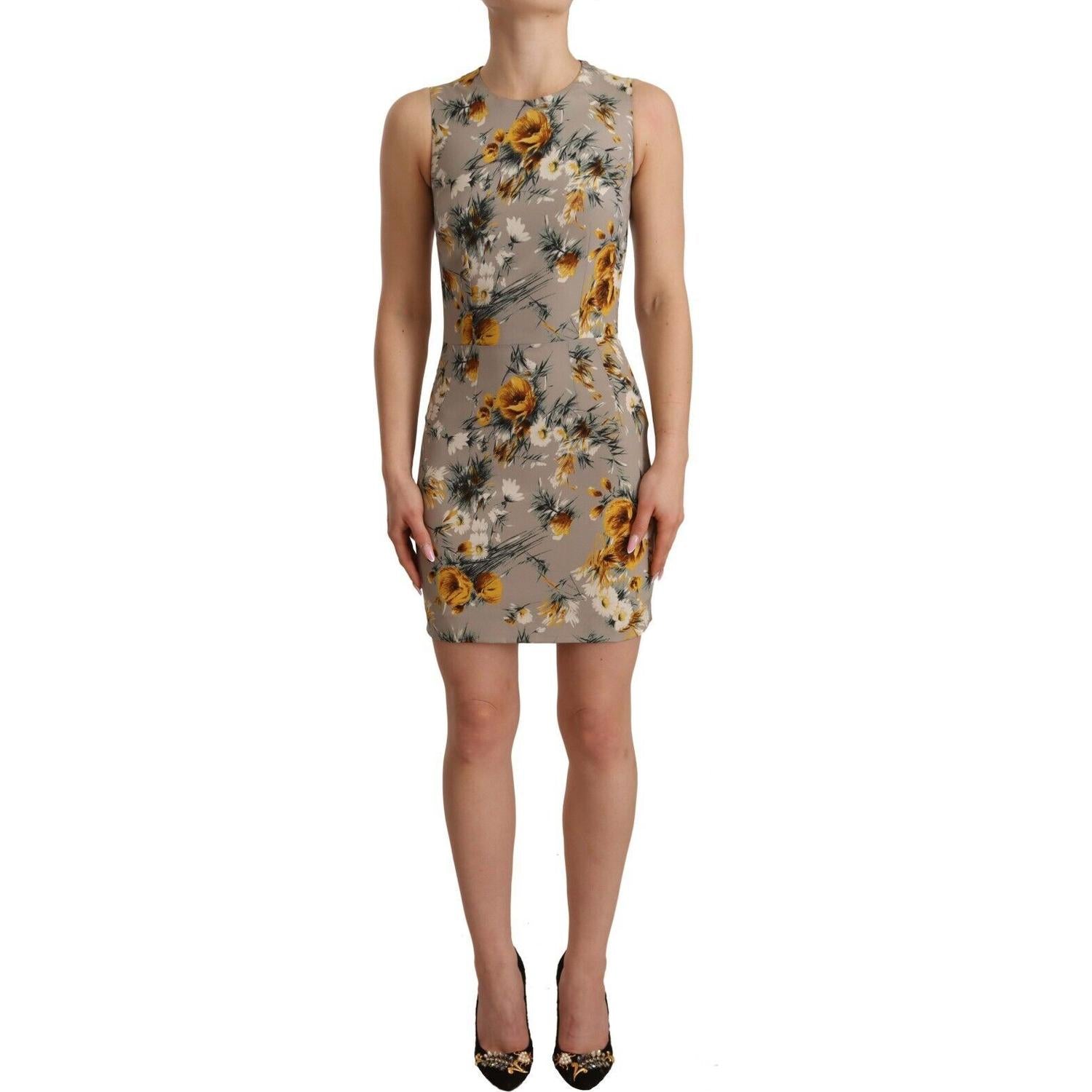 Dolce & Gabbana Gray Silk Stretch Floral Sheath Mini Dress