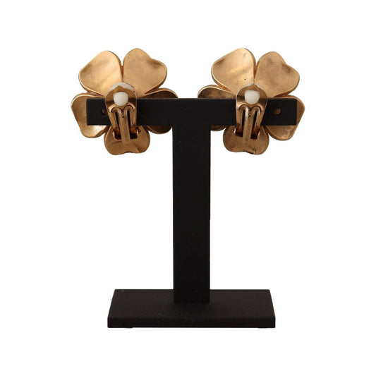 Dolce & Gabbana Elegant Floral Crystal Pearl Clip-On Earrings Earrings Dolce & Gabbana Tan
