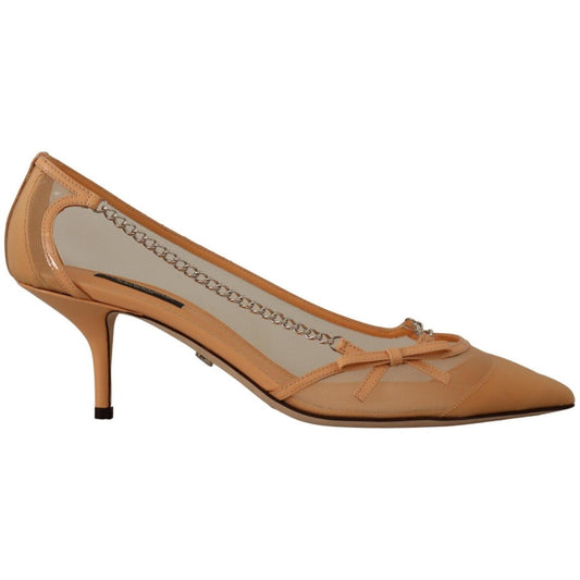 Dolce & Gabbana Elegant Beige Mesh Pumps with Silver Chains Dolce & Gabbana Rosy Brown